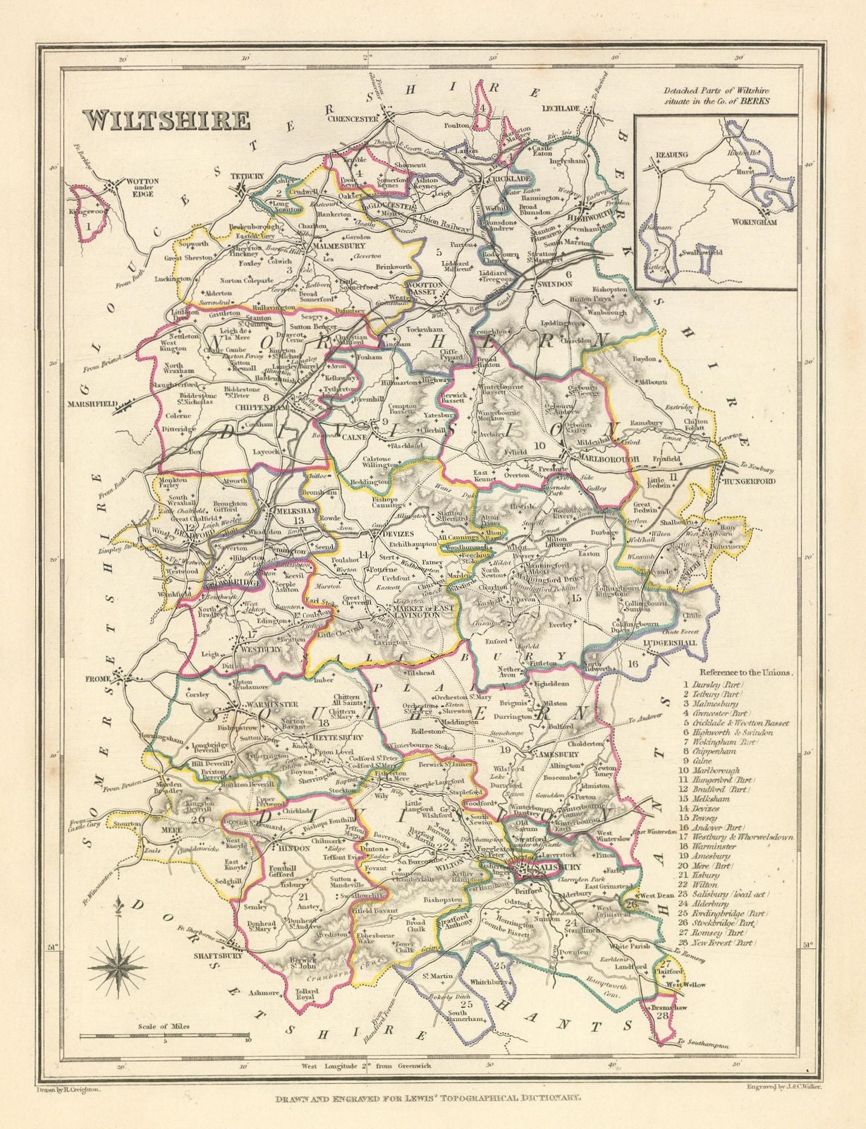 Antique county map of WILTSHIRE by Creighton & Walker for Lewis c1840 old